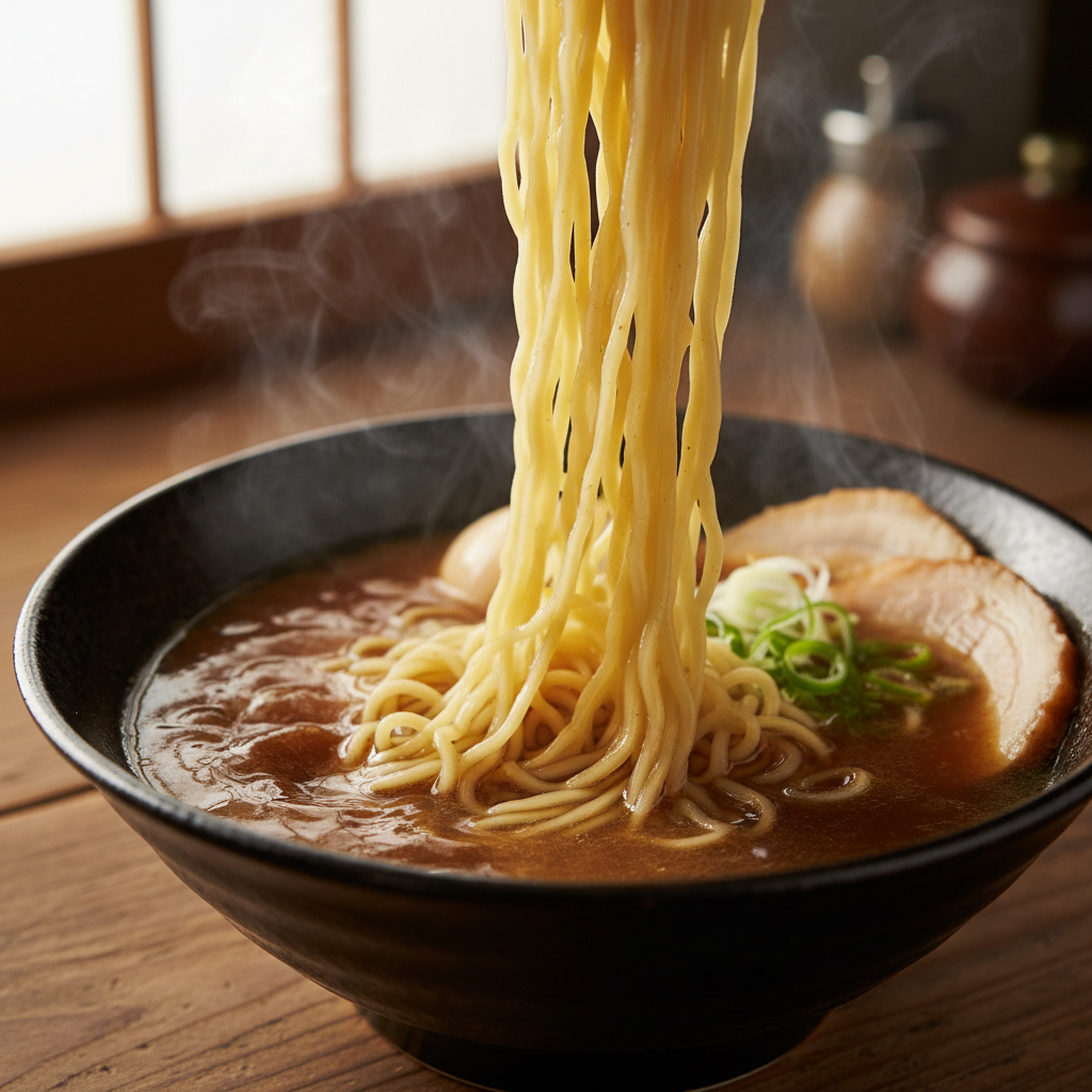 Fresh thin ramen noodles being added to remaining broth in a bowl, the kaedama tradition
