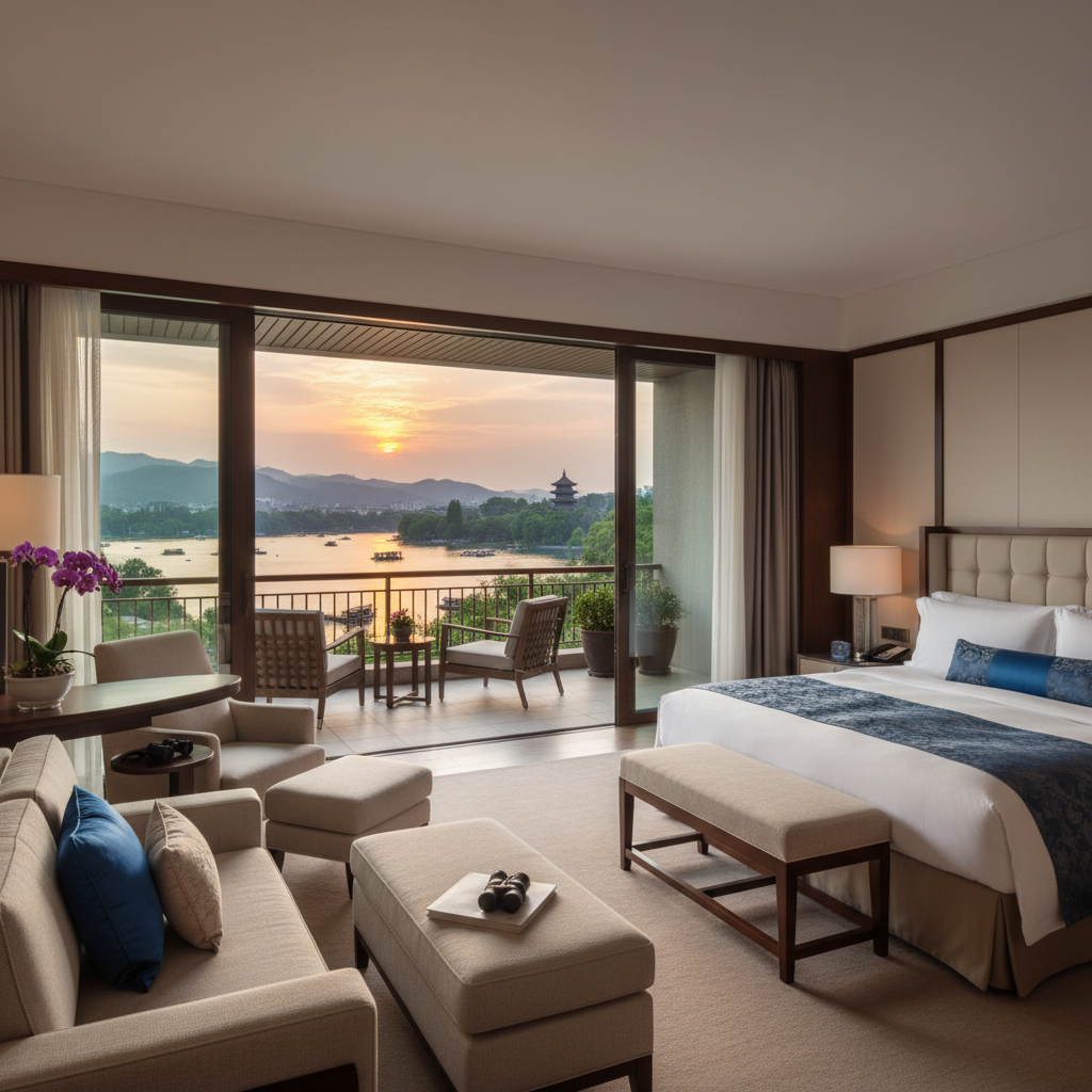 Habitación de hotel con vista panorámica al lago y montañas