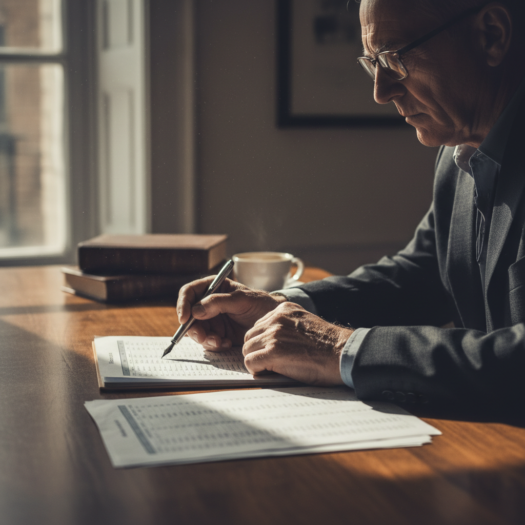Senior professional reviewing documents at desk, face in shadow, pen in hand over financial statements