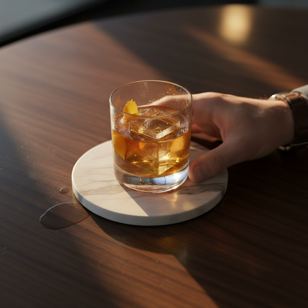 Top-down view of a marble coaster set on dark walnut surface, a half-finished Old Fashioned leaving a condensation ring, evening light raking from the left, one hand reaching for the glass