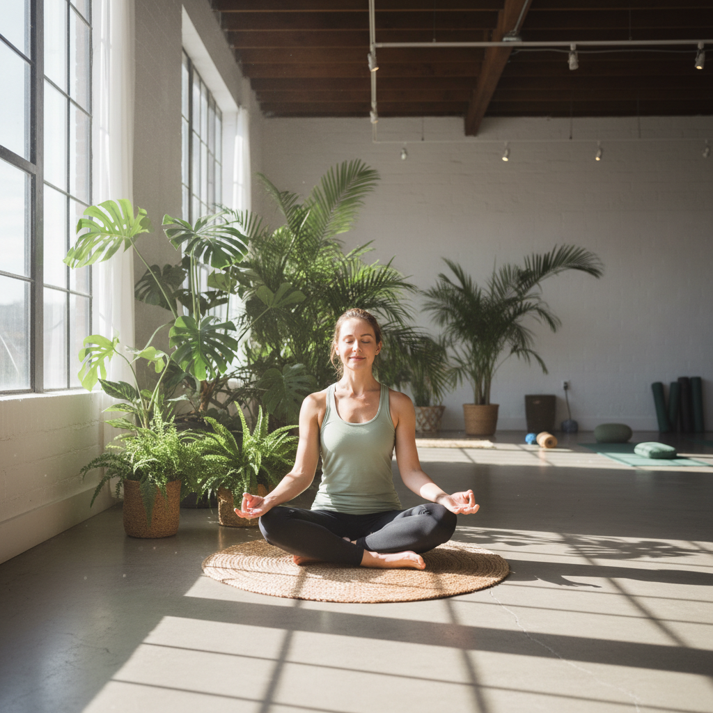 Yoga instructor demonstrating pose on mat in bright studio