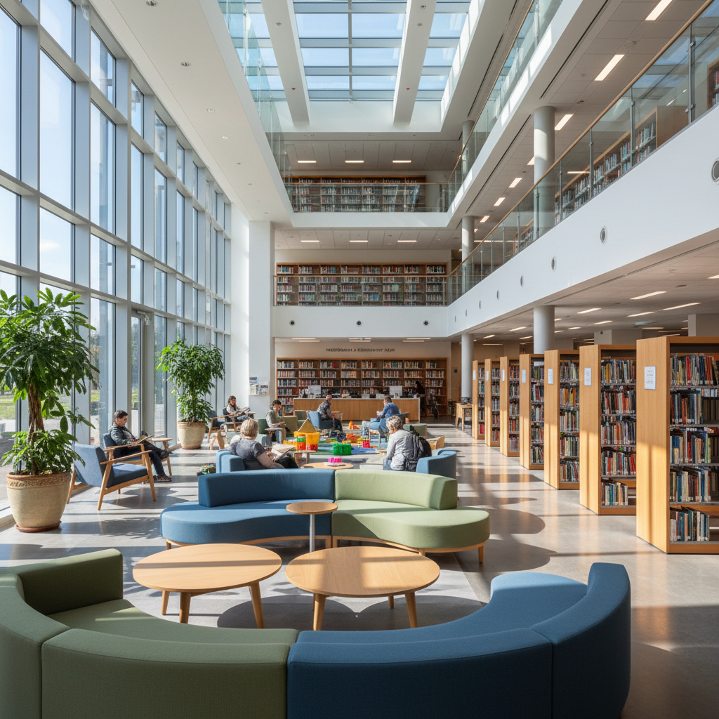 Bright welcoming public library interior with bookshelves and community members attending an event, warm lighting and festive decorations