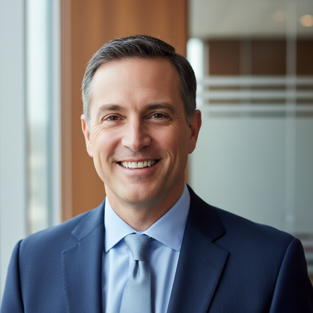 Professional man smiling, dark background, portrait photo