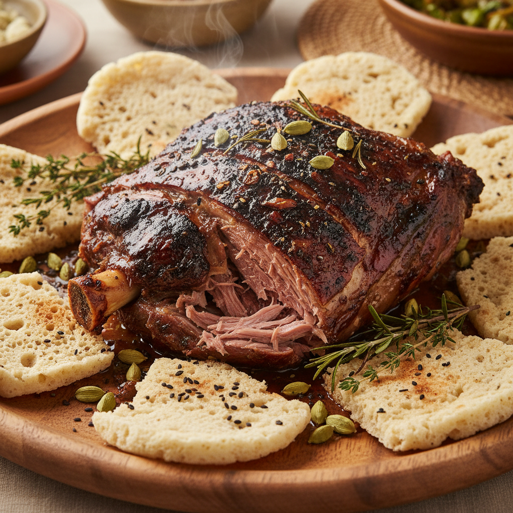 Slow-roasted lamb shoulder on a communal platter with kisra bread, charred exterior glistening, cardamom pods scattered around