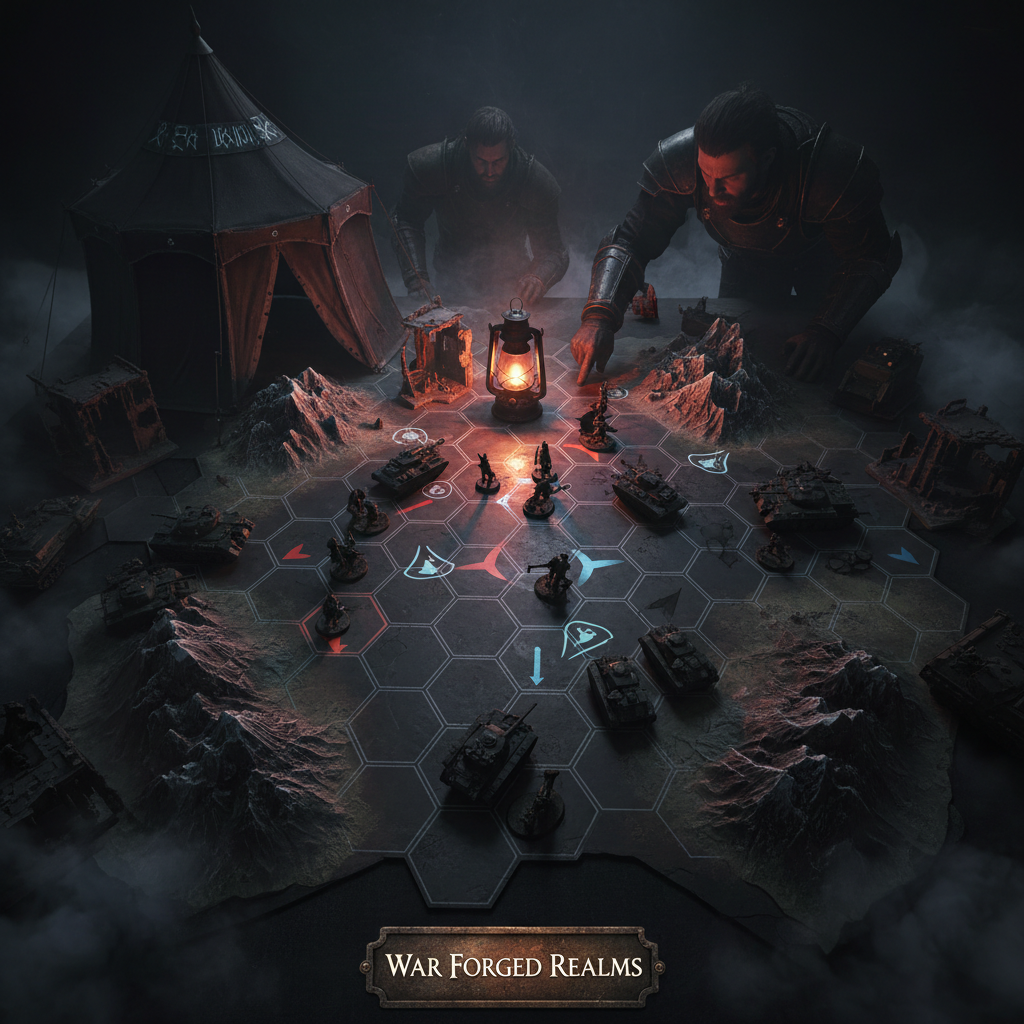 Dark fantasy strategy game battlefield with medieval warriors and glowing tactical map overlay, atmospheric foggy environment