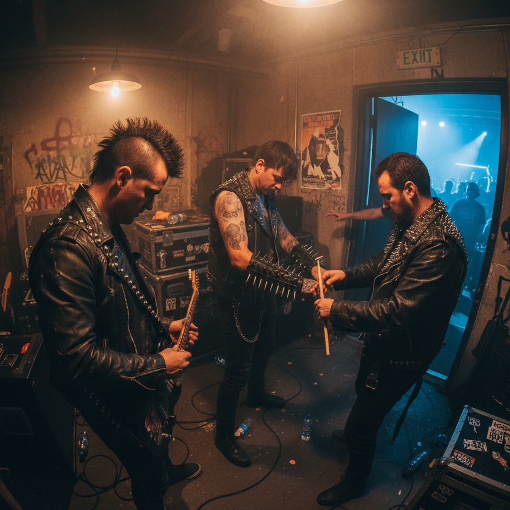 Grainy backstage photo of band members in studded leather jackets before a show