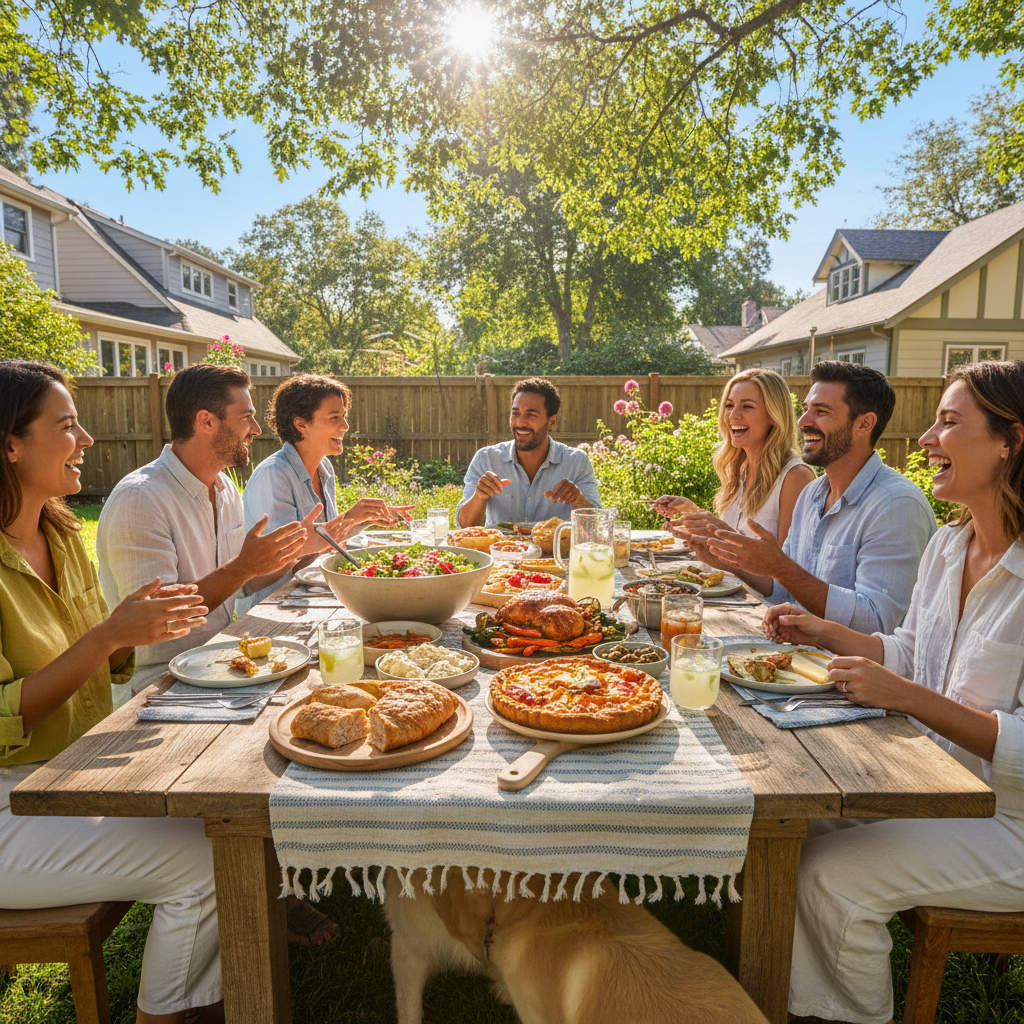 Neighbors sharing food at a table