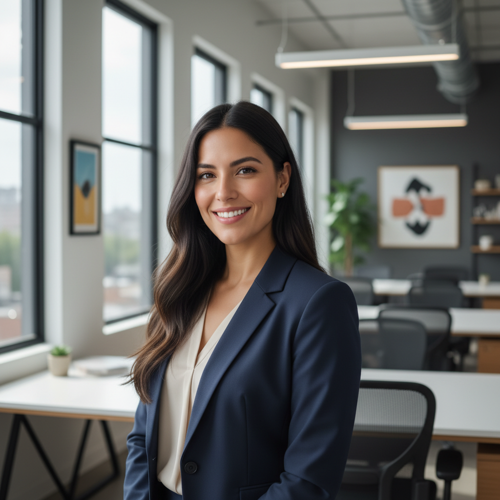 Professional woman with long brown hair in elegant navy blazer smiling confidently in modern office setting