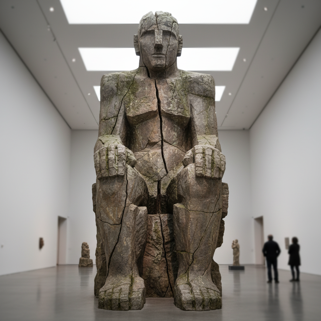 Blurred preview of a large-scale stone figure installation in gallery space