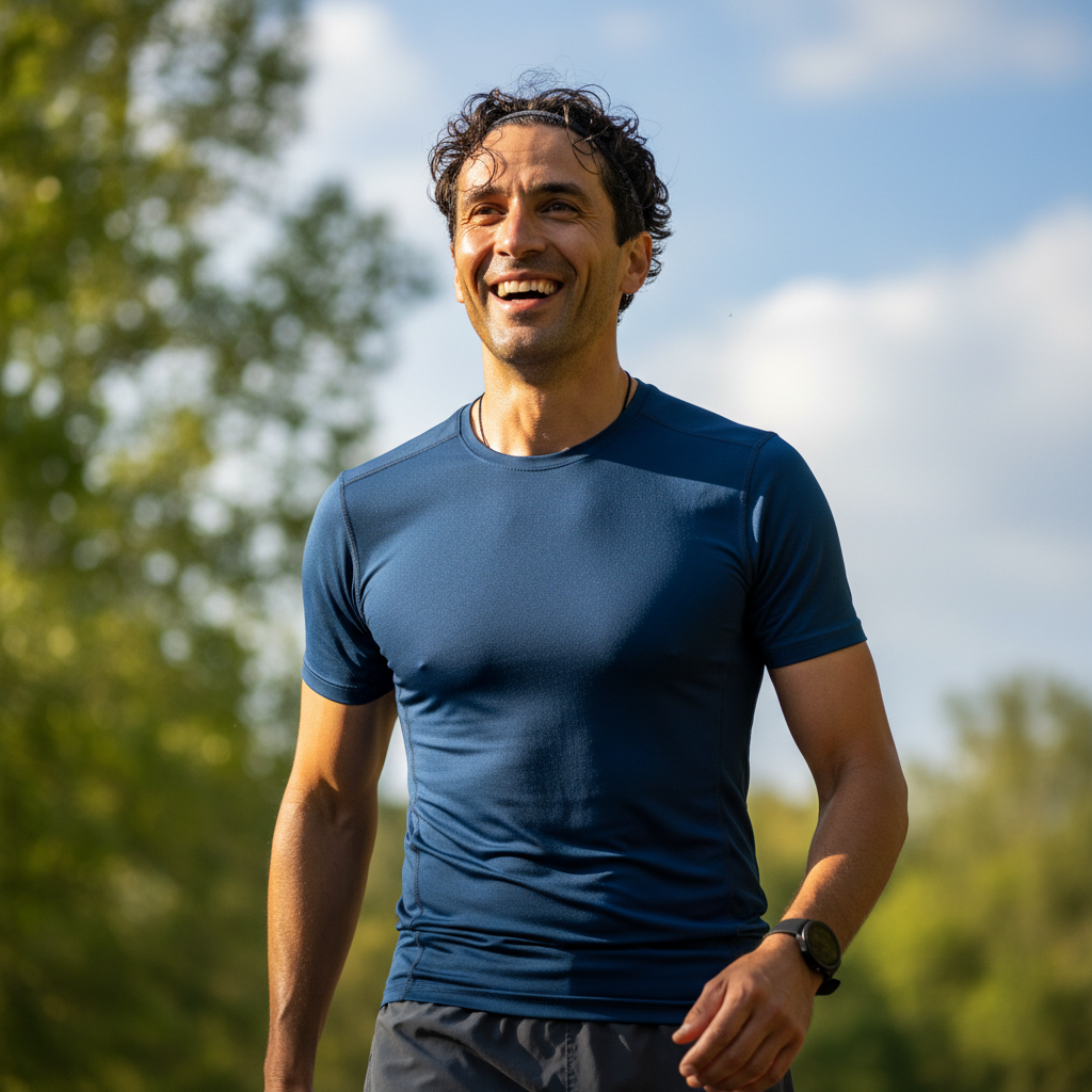 Nigerian American male runner in his 30s, athletic build, outdoor running track setting
