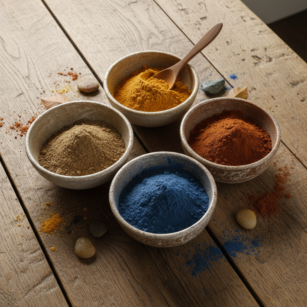 Collection of natural Moroccan beauty powders and pigments in ceramic bowls