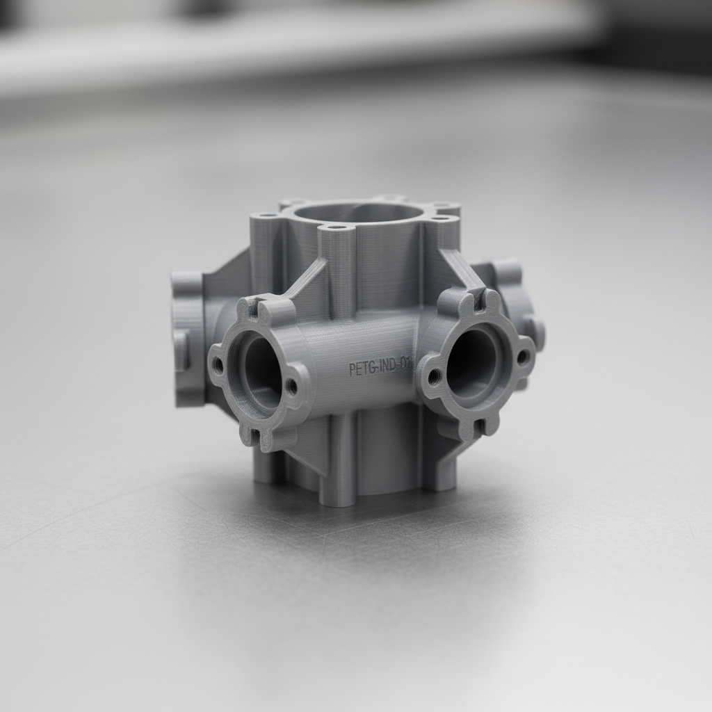Pieza mecánica de precisión impresa en 3D con material PETG gris para uso industrial