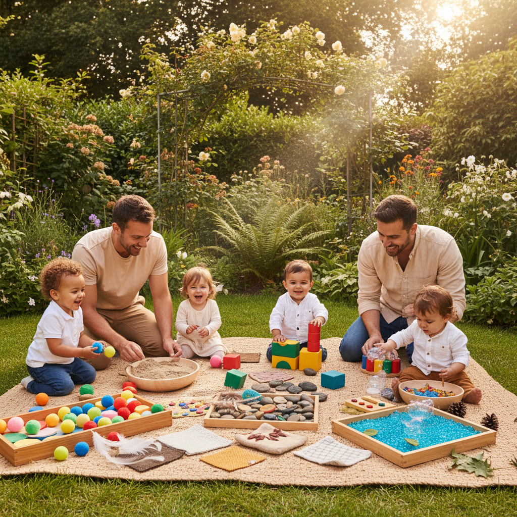 Family group with young children enjoying a private outdoor sensory play session together on a sunny day