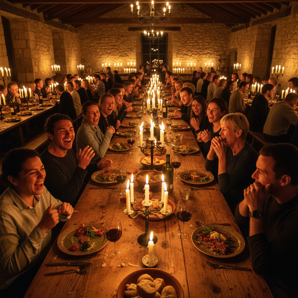 Warm ambient lighting over communal wooden tables in the evening