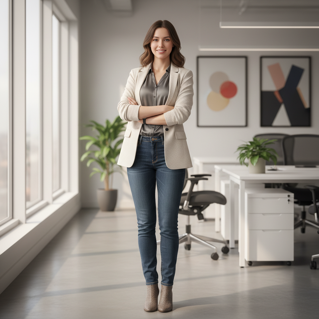 Professional entrepreneur in smart casual attire against a clean neutral background