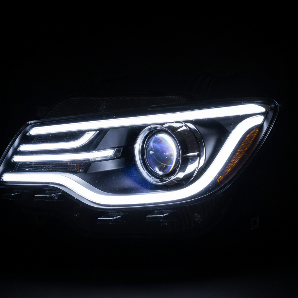 LED headlight assembly with projector beam and daytime running lights on black background