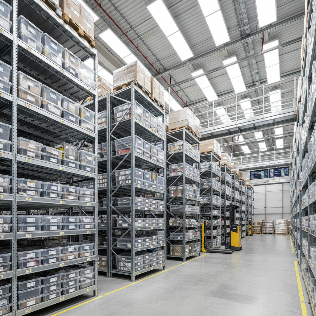 Modern warehouse interior with organized shelving and industrial lighting, well-lit and clean storage facility