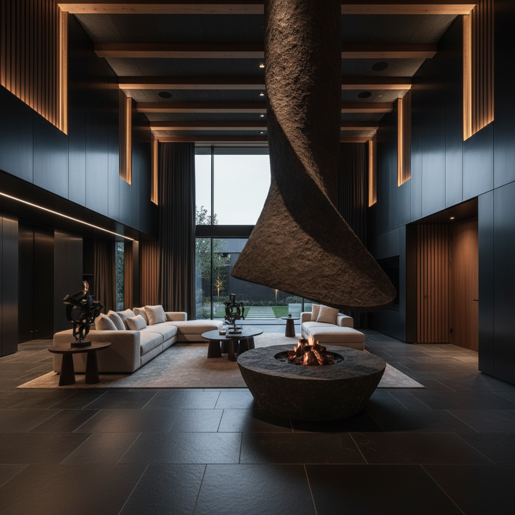 Archibo completed luxury residence: spacious living area with sculptural fireplace, dark stone floors, and warm indirect lighting in a shadowed atmospheric space