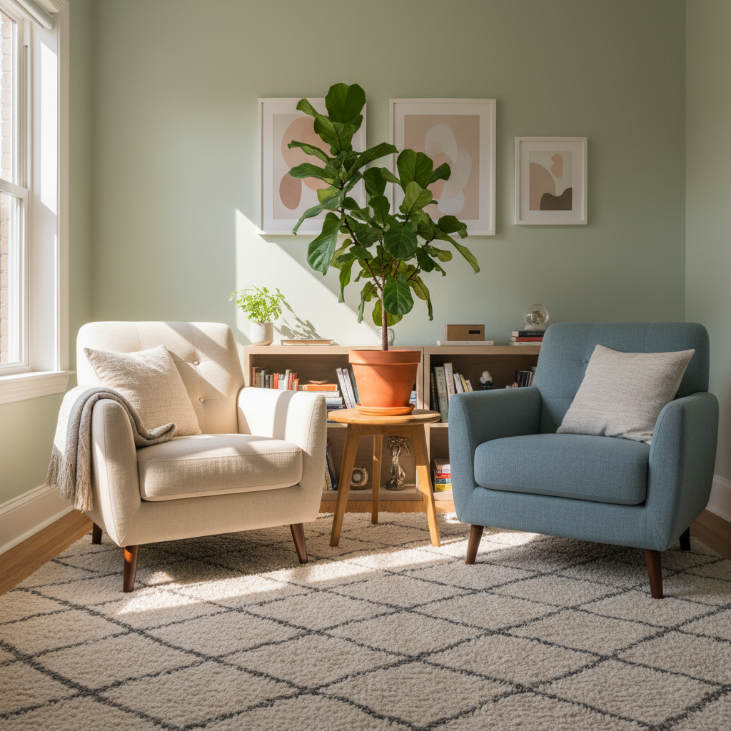 Therapist and client seated across from each other in a warm, plant-filled therapy room with natural window light