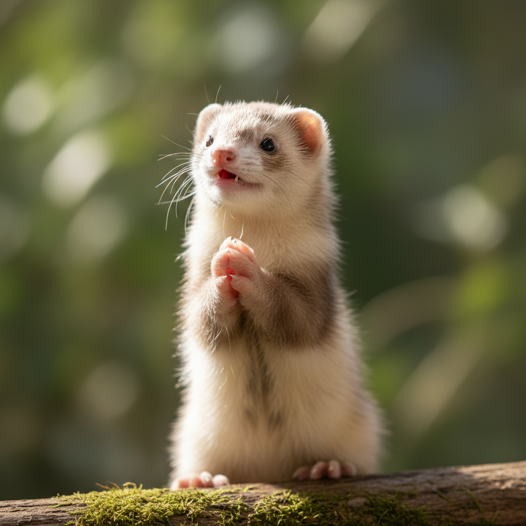 Young ferret kit standing on hind legs, front paws pressed together like prayer