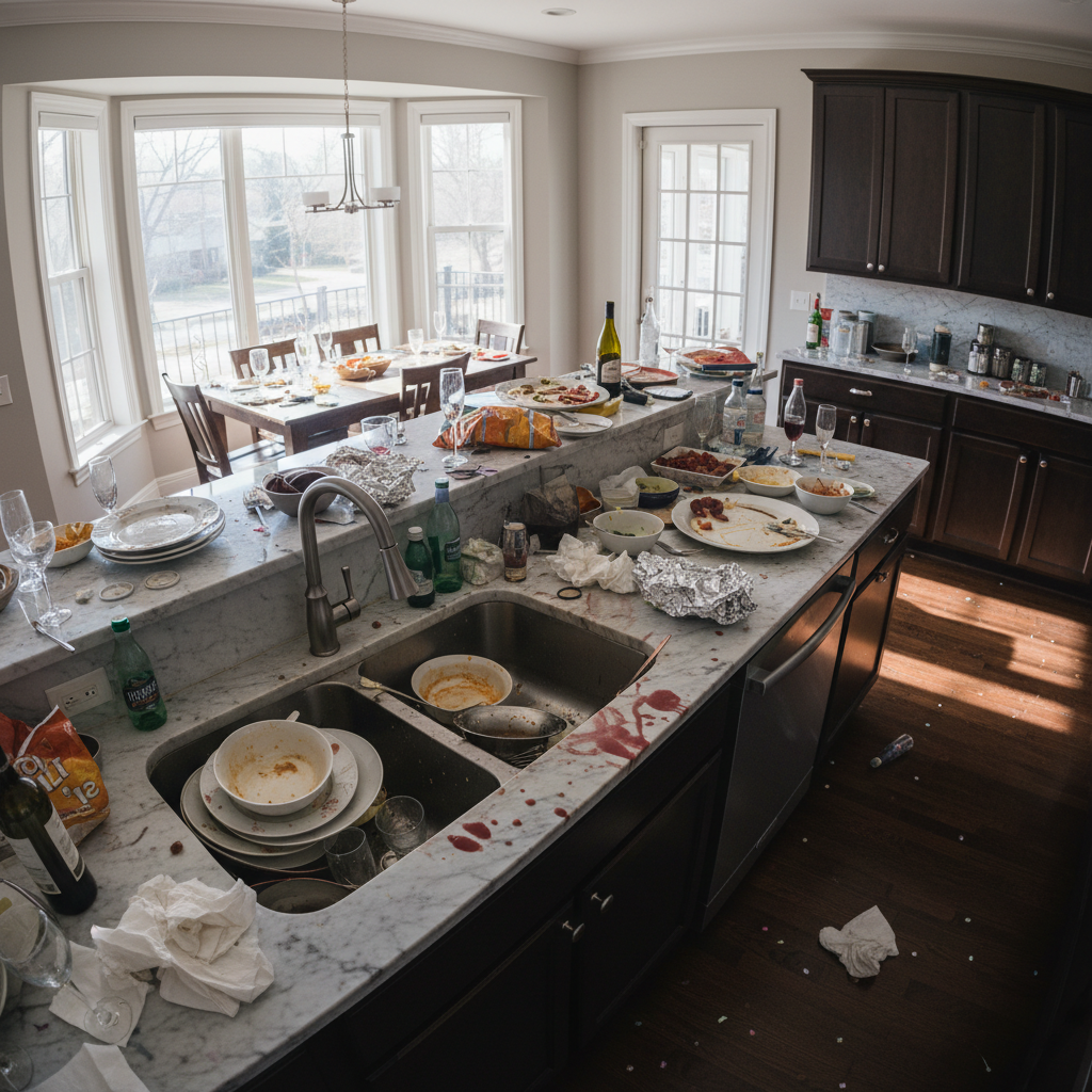 Lincoln Park kitchen with post-party mess — dirty dishes, food residue on counters, cluttered surfaces