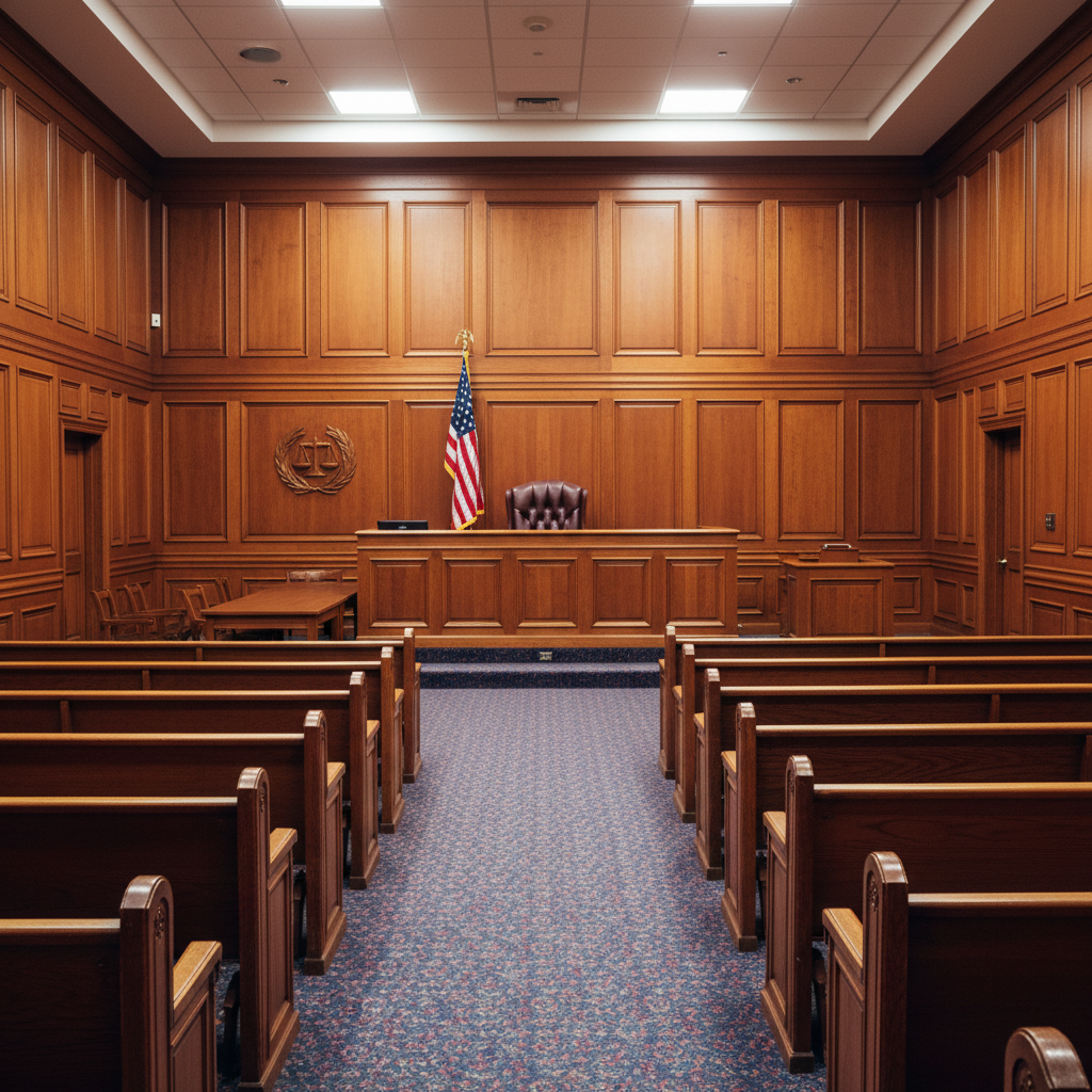 Empty courtroom with wooden benches and American flag, representing legal jurisdiction