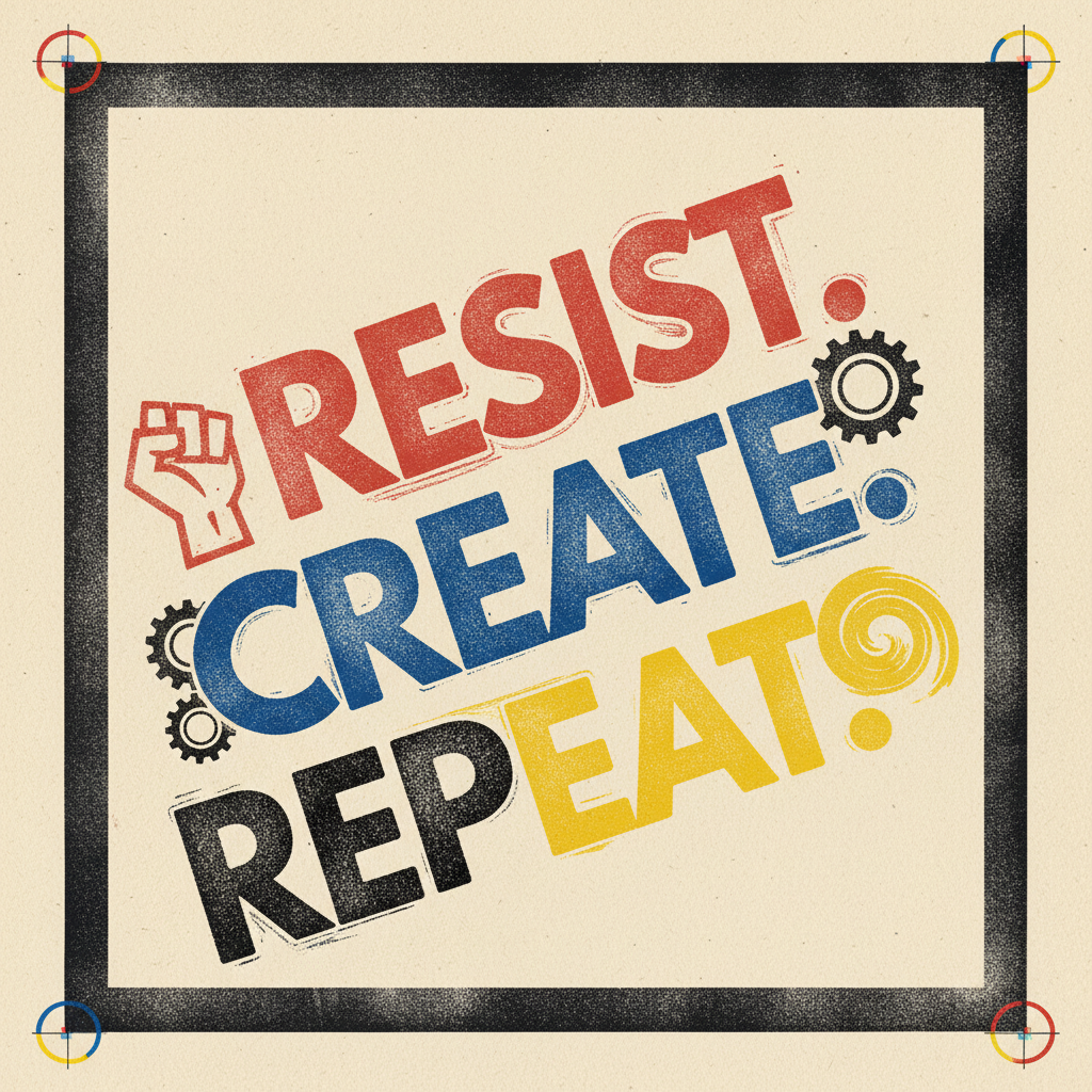 Four-color screenprint, typographic poster with registration marks visible