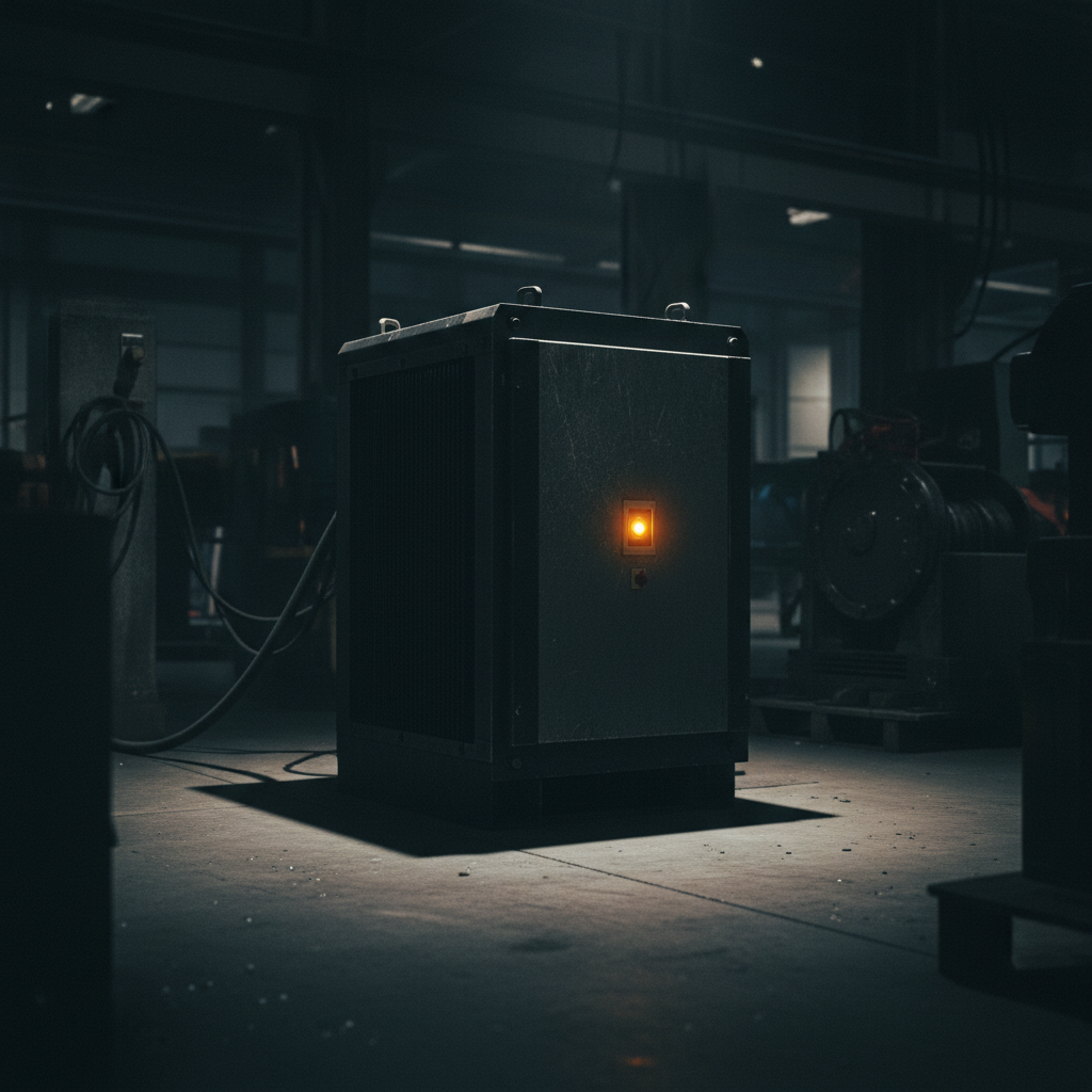 Stack of old car batteries and inverter batteries in a dim industrial warehouse, dark concrete floor, low-key lighting