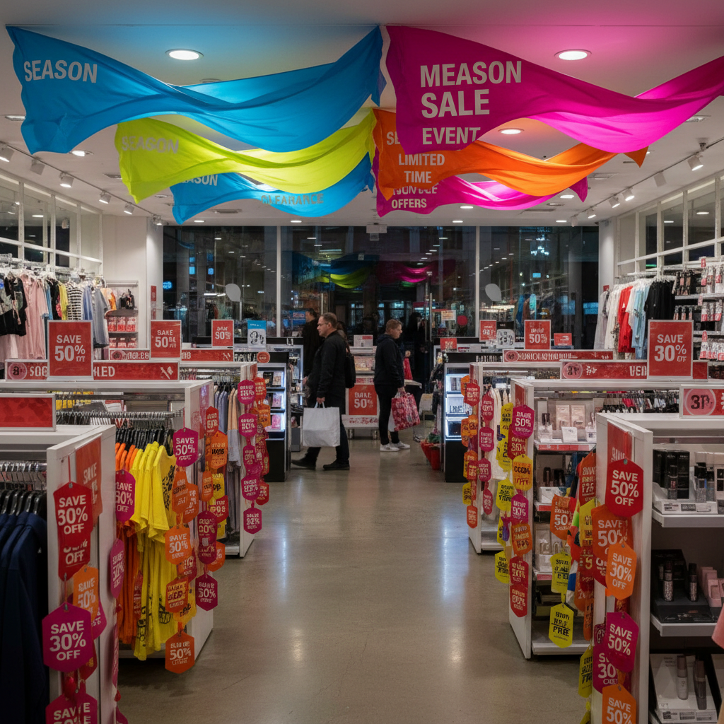 Colorful sale tags and shopping bags in bright retail environment, promotional display