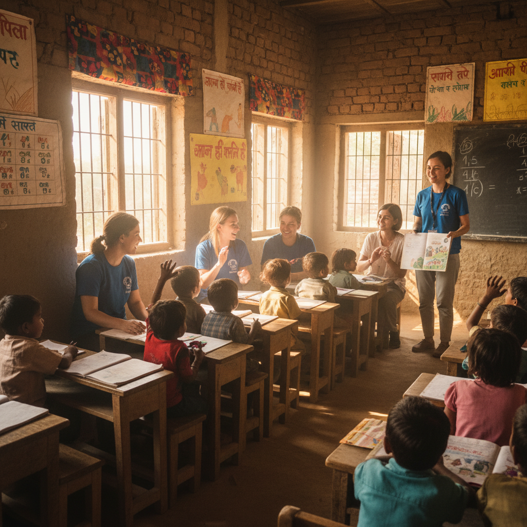 Founder Ananya Krishnan speaking with children in a rural classroom, warm and engaged atmosphere