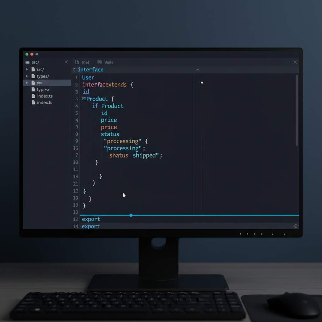 API code editor showing TypeScript definitions, dark theme, professional developer workspace