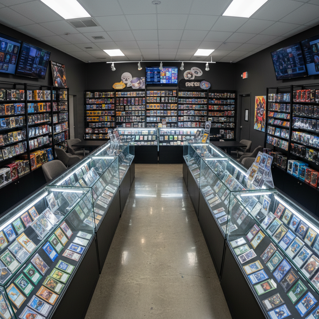 RMK TCG shop interior at night with neon blue accent lighting illuminating card display walls