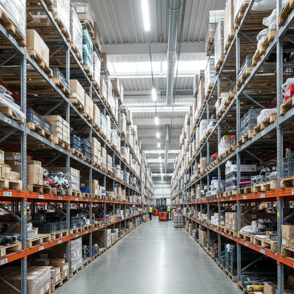 Industrial warehouse interior with tall metal shelving racks and overhead sprinkler system