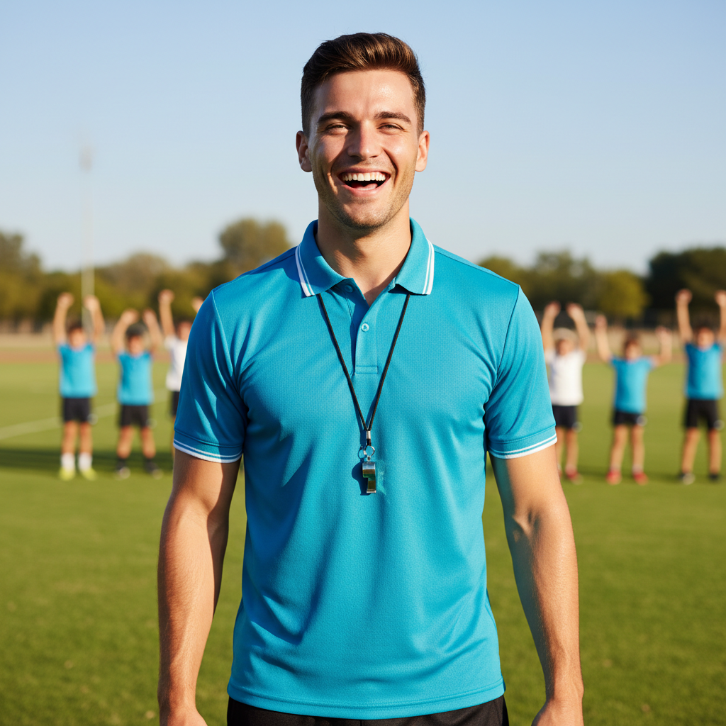 Male coach with short dark hair in athletic wear smiling on a sports field