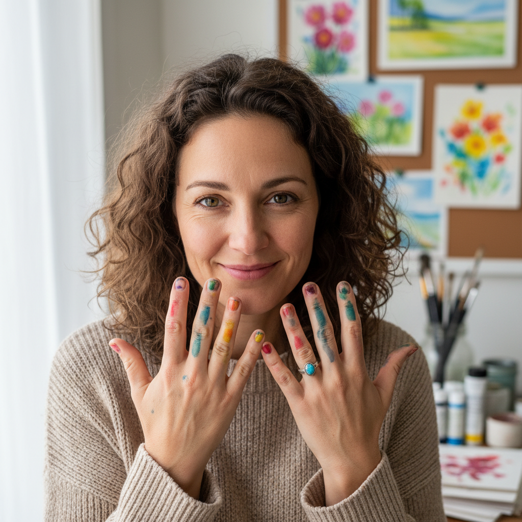 Elena Vasquez, watercolor teacher with paint-stained fingers and warm expression