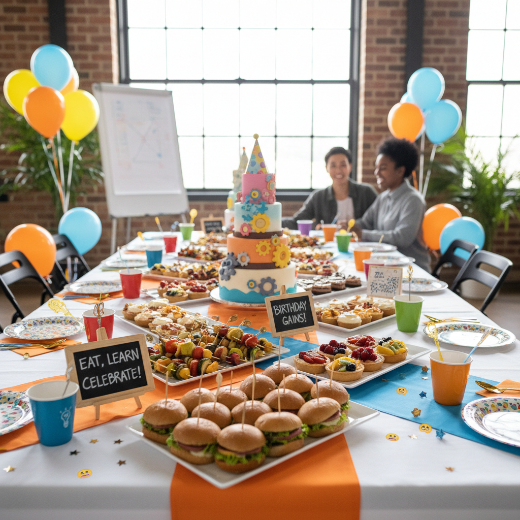 Renkli balonlar ve çiçek süslemeli doğum günü masası, pasta, şenlikli dekorasyon, aydınlık ortam