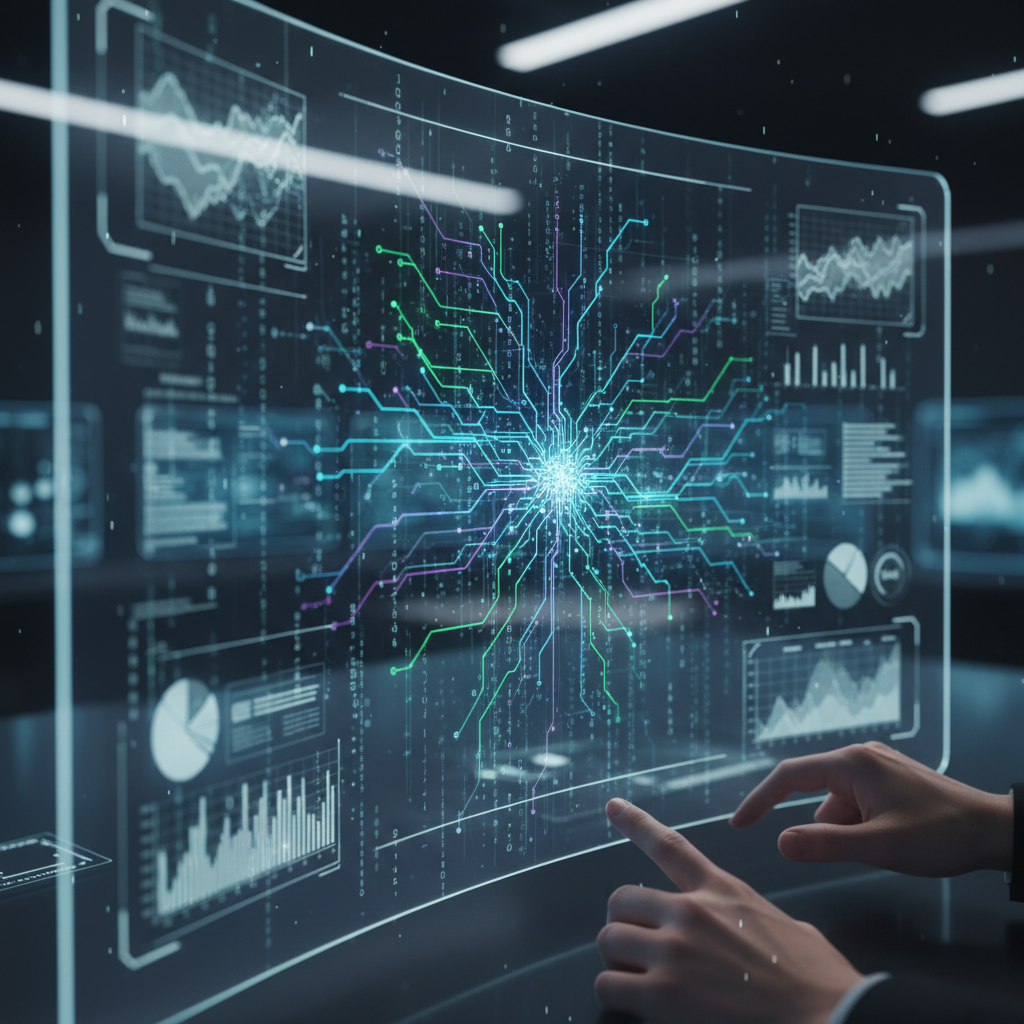Futuristic digital interface with AI neural network visualization in blue and purple colors
