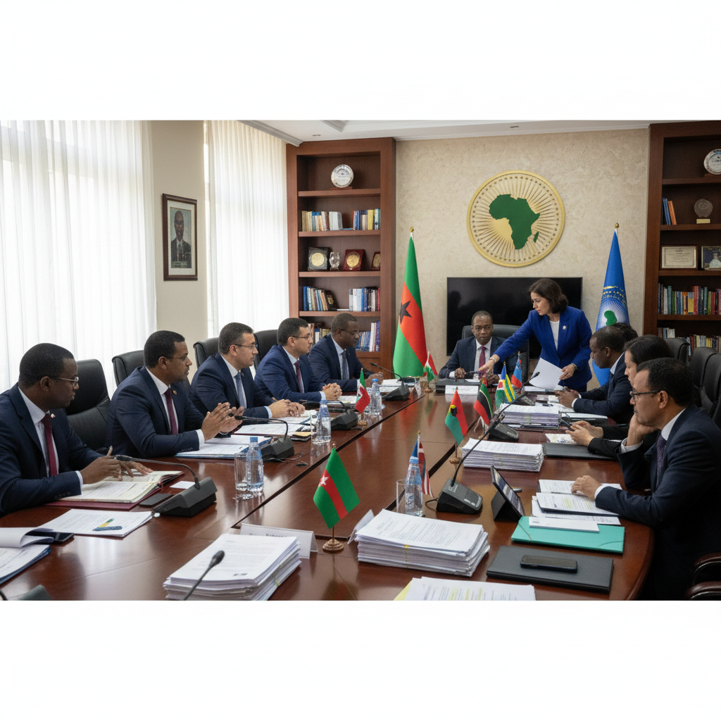 Busy diplomatic meeting room with formal table setting