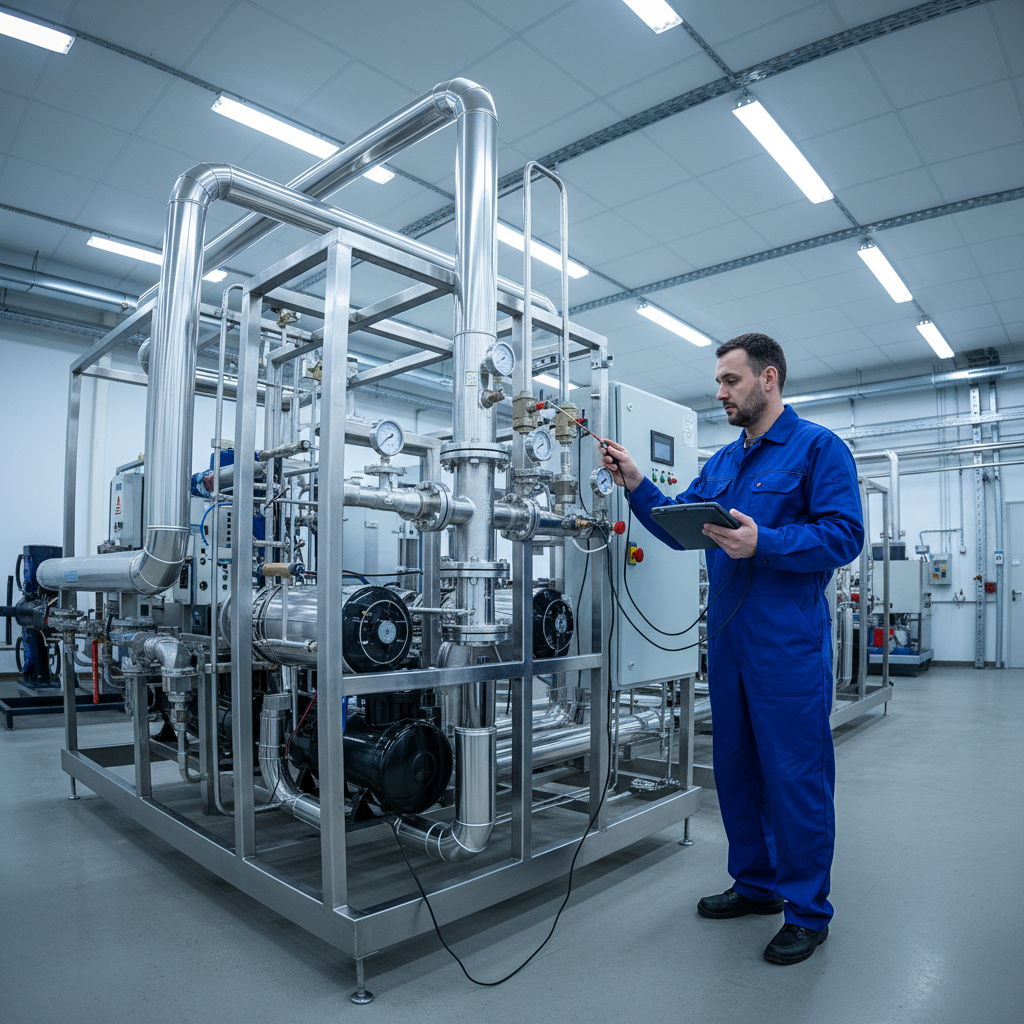 Technicien professionnel en combinaison bleue inspectant un système de réfrigération industriel moderne avec des équipements de diagnostic électroniques