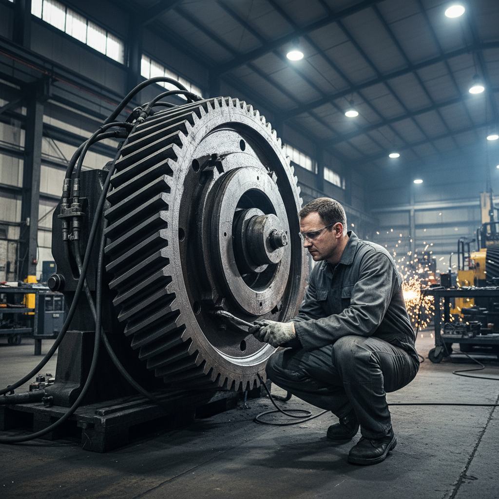Heavy equipment mechanic inspecting a large gear assembly under bright shop lights