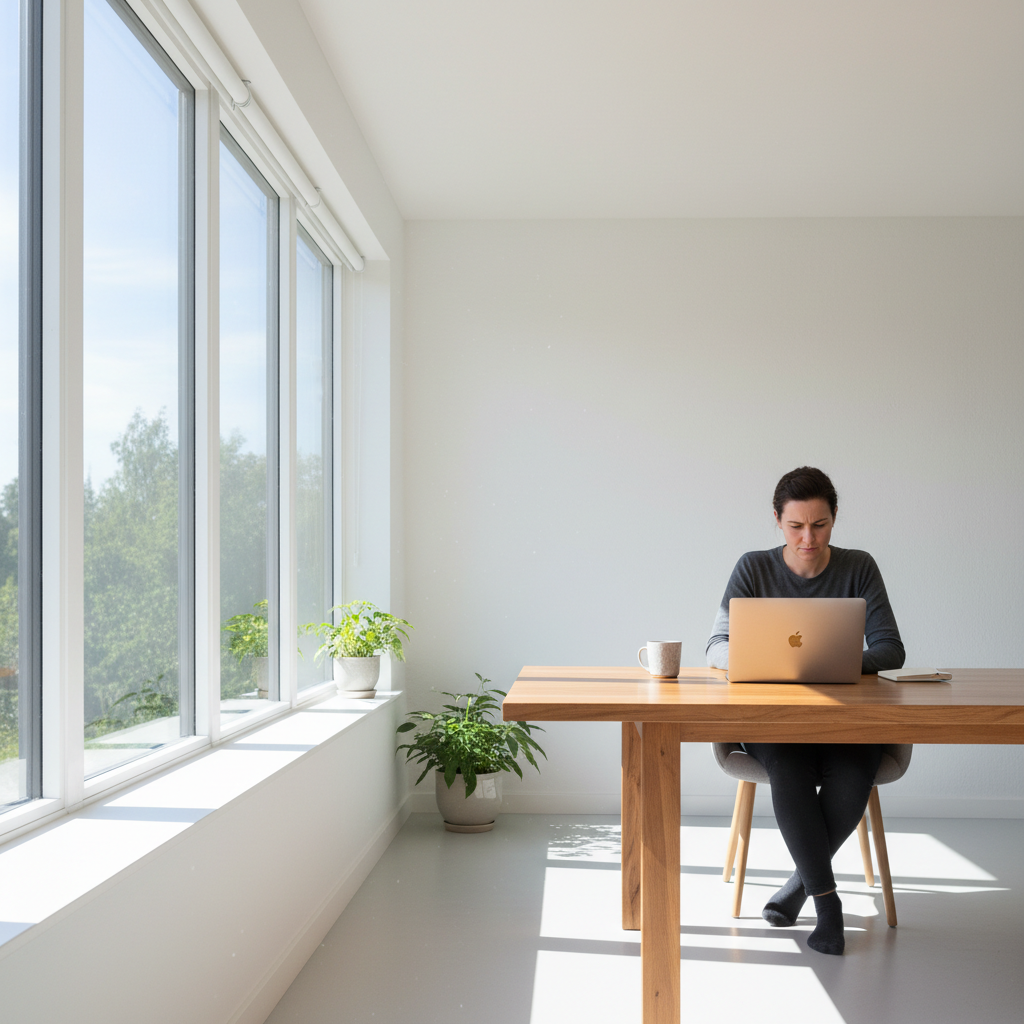 Slender white ceramic table lamp with linen shade on a light oak desk in a bright Scandinavian-style workspace