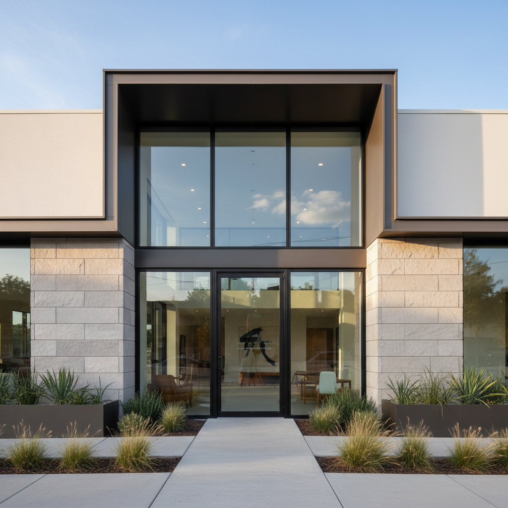Commercial exterior stone masonry, architectural feature, modern building