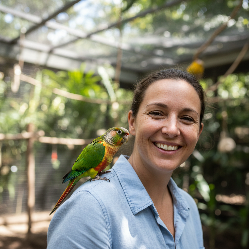 Mira Tanaka smiling warmly in the aviary, a green conure perched on her shoulder