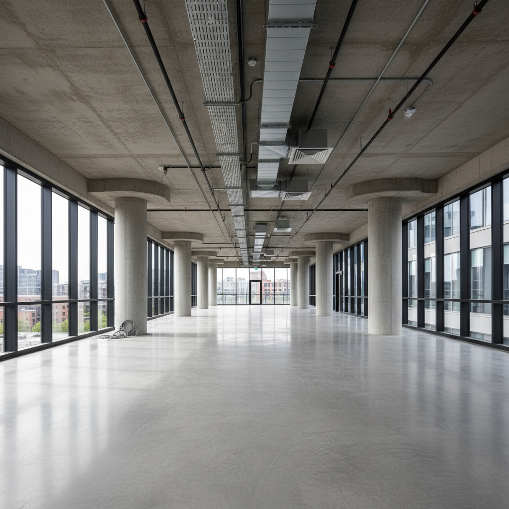 Empty commercial shell space before tenant improvement, bare concrete floors and exposed walls
