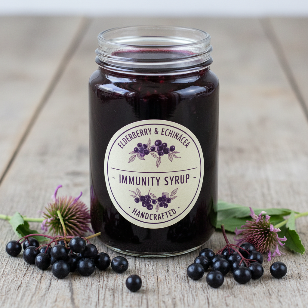 Dark purple elderberry tincture in amber glass dropper bottle on wooden surface with dried elderberries