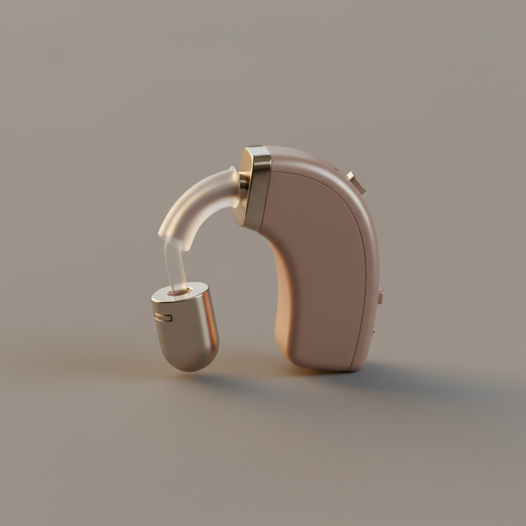 Close-up of a tiny, nearly invisible hearing aid in warm golden light against a neutral background