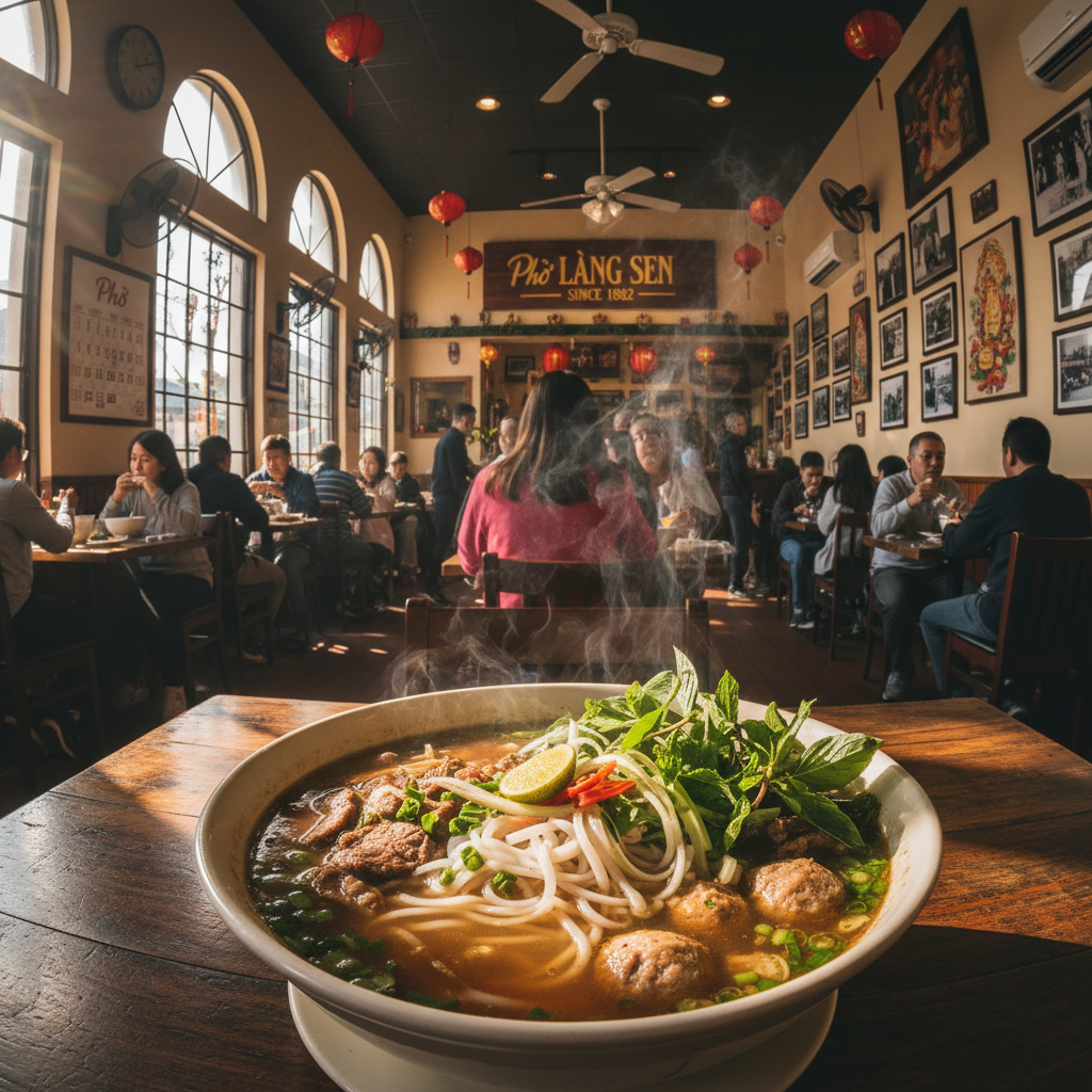 Vietnamese spicy noodle soup in deep bowl with herbs, warm atmospheric restaurant lighting
