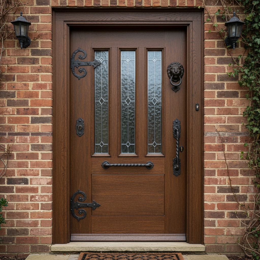 Stripped and repainted solid oak front door with polished brass hardware on a period home