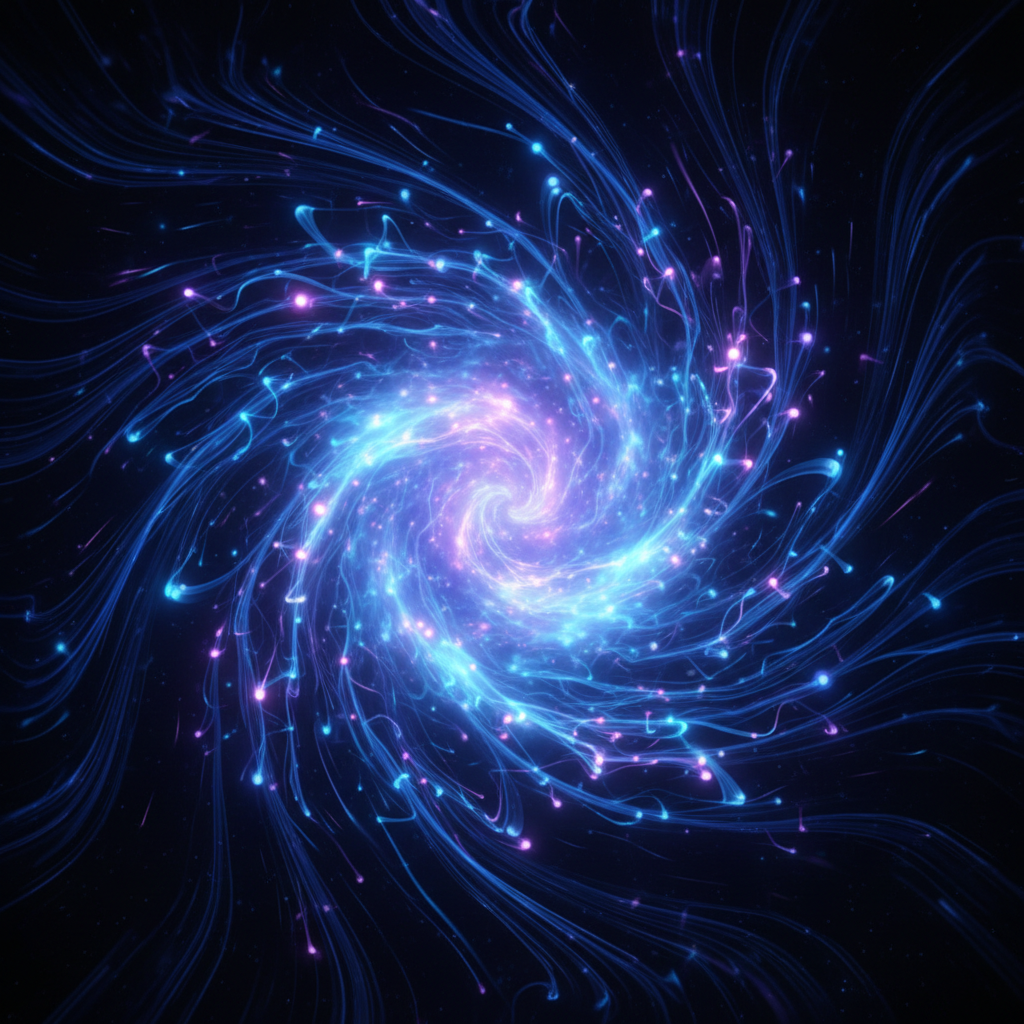 Abstract quantum particle field with blue energy waves and particle trails