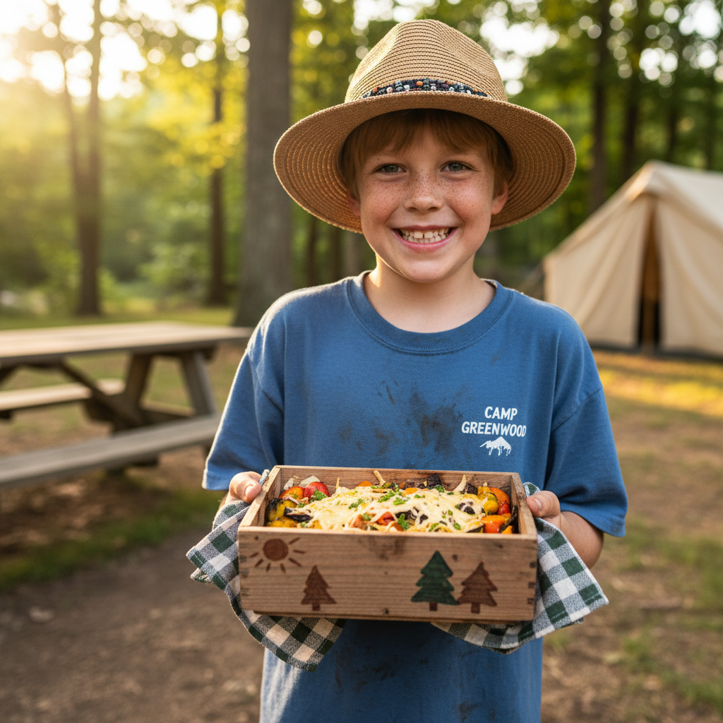 Child carrying a container of food they made at camp, smiling at the camera